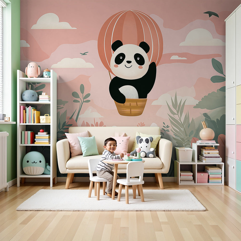 Kids-Mundo hot air balloon panda wall mural shown above a cot in a pink nursery room