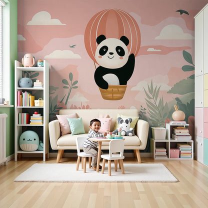 Kids-Mundo hot air balloon panda wall mural shown above a cot in a pink nursery room