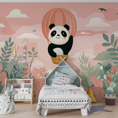 Kids-Mundo panda in a balloon wall mural shown as a feature wall in a playroom