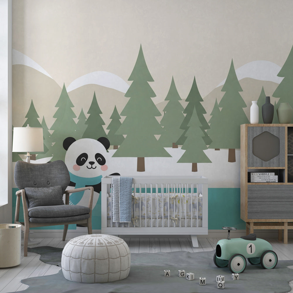 Winter panda mural wallpaper creating magical children's bedroom with cozy furniture