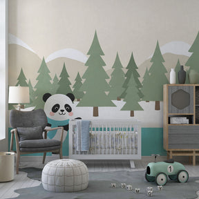 Winter panda mural wallpaper creating magical children's bedroom with cozy furniture