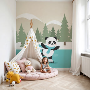 Panda ice skating mural wallpaper in modern nursery with winter theme decor by Kids-Mundo