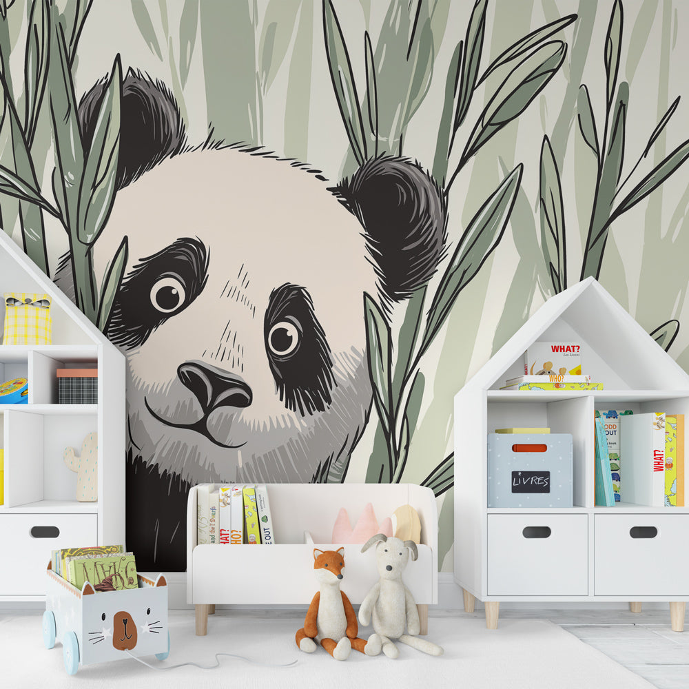 Playful panda wallpaper creating serene jungle atmosphere in soft green nursery decor