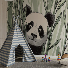 Jungle themed nursery featuring adorable panda mural wallpaper with bamboo foliage design