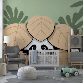 Playful panda safari mural wallpaper in modern kids bedroom with natural wood furniture by Kids-Mundo