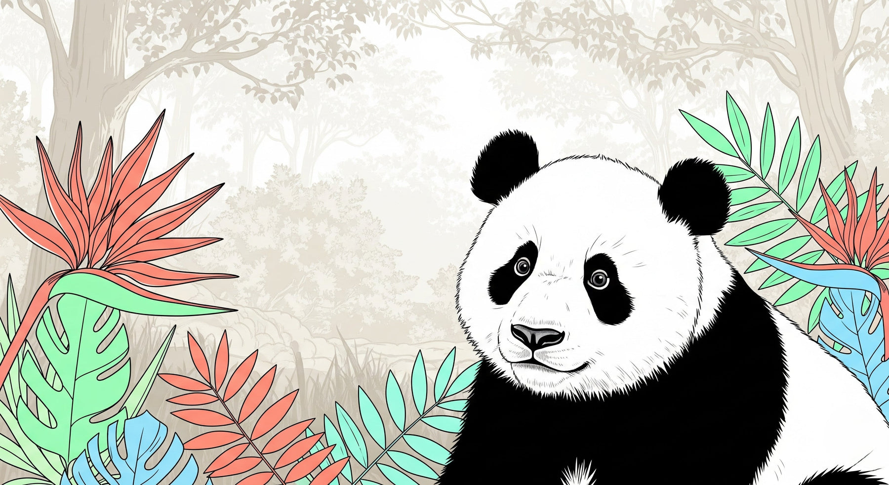 Detailed panda jungle mural wallpaper design pattern with tropical leaves by Kids-Mundo