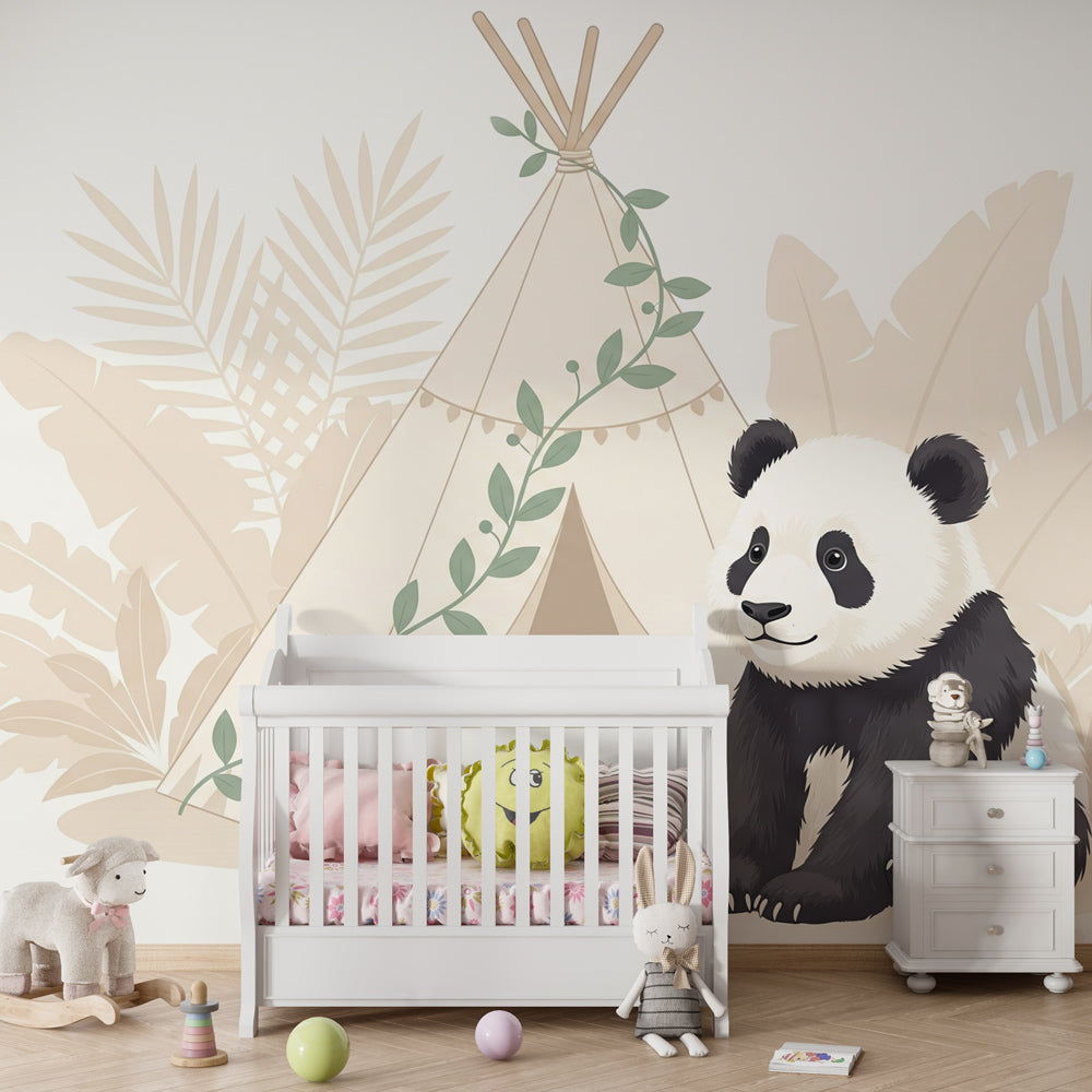 Tropical panda wallpaper with tipi design in modern children's bedroom setting