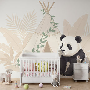 Tropical panda wallpaper with tipi design in modern children's bedroom setting