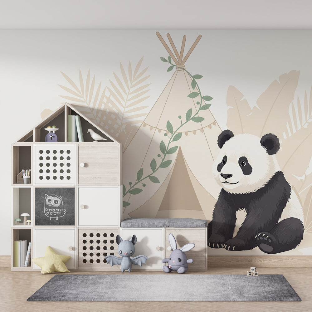 Jungle animal mural wallpaper featuring panda and tropical plants for kids room by Kids-Mundo