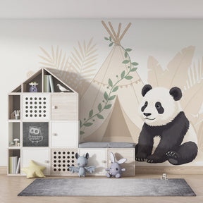 Jungle animal mural wallpaper featuring panda and tropical plants for kids room by Kids-Mundo