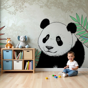 Panda jungle mural wallpaper creating magical nursery decor with tropical foliage by Kids-Mundo