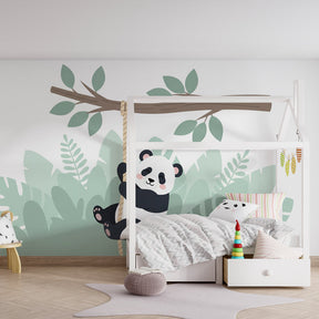 Children's panda jungle wallpaper in bright playroom setting showcasing tropical animal theme