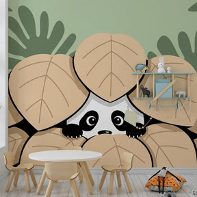 Jungle animal mural wallpaper featuring cute panda in tropical setting for children's playroom decor