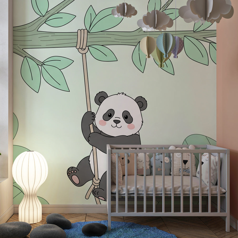 Wildlife panda wallpaper for kids room showing lush jungle design by Kids-Mundo