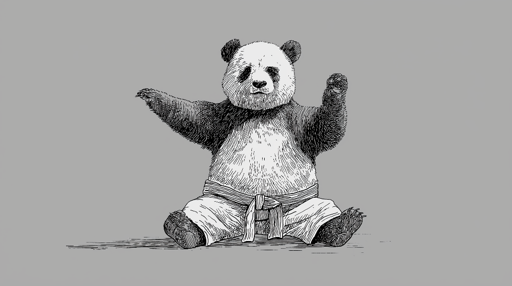 Kids-Mundo flat artwork of a hand-inked panda sitting in a white karate gi