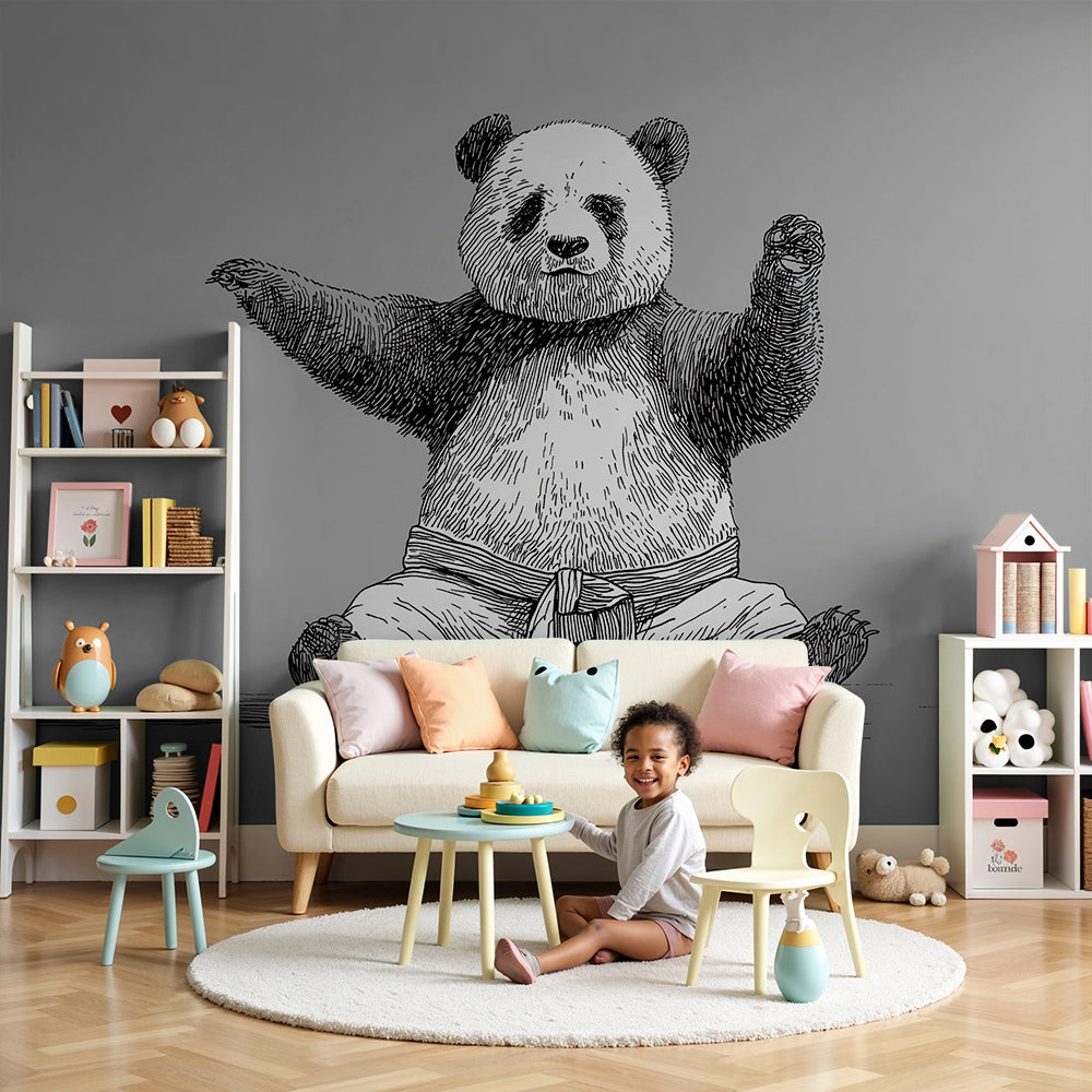Kids-Mundo karate panda wall mural styled in a soft grey nursery with a cot and neutral decor