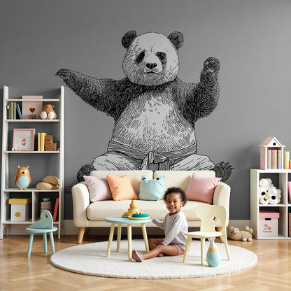 Kids-Mundo karate panda wall mural styled in a soft grey nursery with a cot and neutral decor