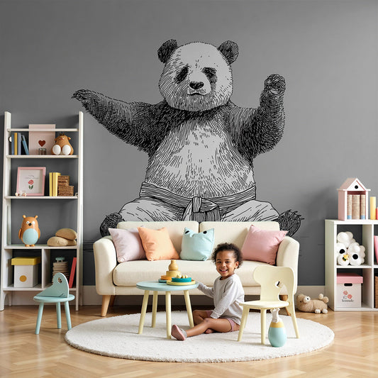 Kids-Mundo karate panda wall mural styled in a soft grey nursery with a cot and neutral decor