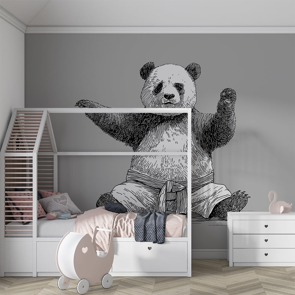 Kids-Mundo sketch-style panda wall mural adding character to a playroom wall
