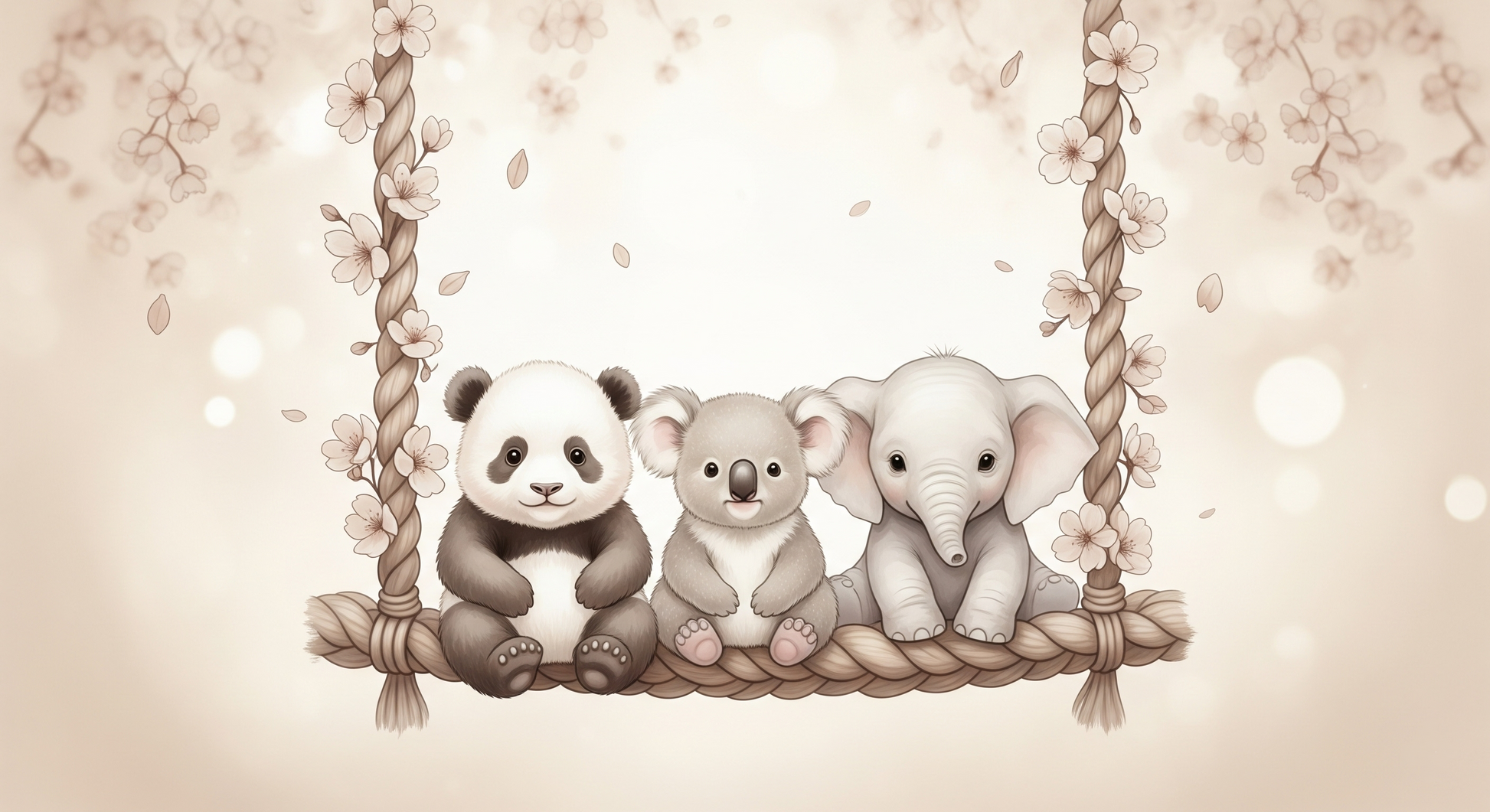 Kids-Mundo flat artwork preview of the panda, koala and elephant swing wall mural