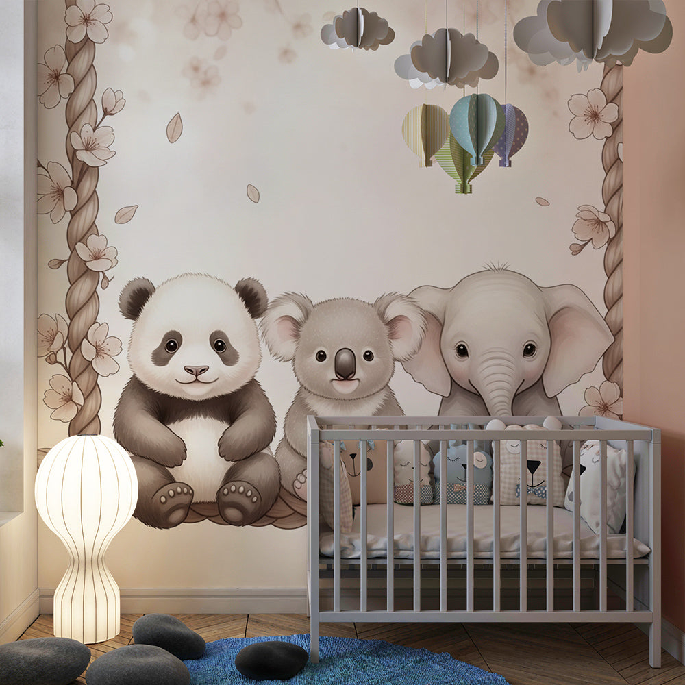 Kids-Mundo panda, koala and elephant wall mural bringing warmth to a playroom wall