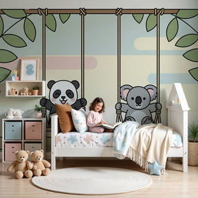 Panda and koala mural wallpaper in serene baby nursery with wooden crib by Kids-Mundo