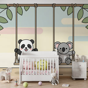 Swinging animals mural wallpaper creating peaceful atmosphere in children's bedroom decor