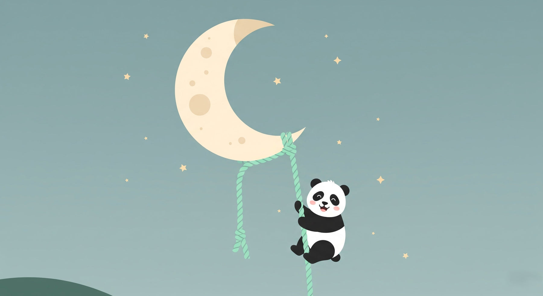 Detailed panda moon mural wallpaper design pattern showing adorable panda climbing rope to crescent moon by Kids-Mundo