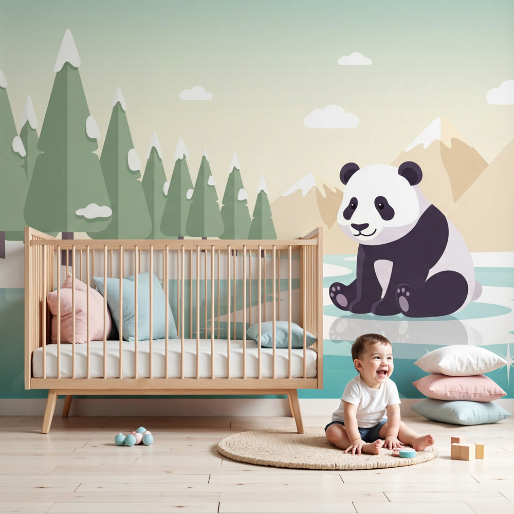 Panda arctic mural wallpaper in modern nursery with natural wood furniture by Kids-Mundo
