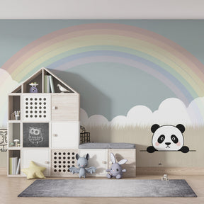 Curious panda and turtle wallpaper design for baby's room with pastel sky background