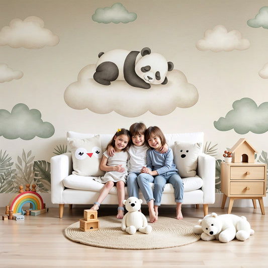 Sleeping panda mural wallpaper in soft beige baby nursery with natural wood crib by Kids-Mundo