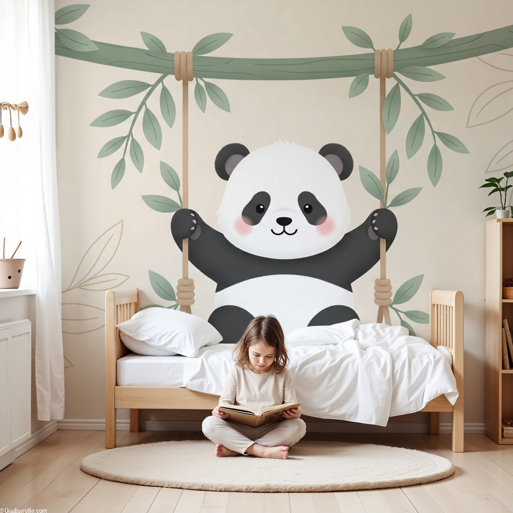 Panda mural wallpaper creating serene baby nursery with swinging panda design by Kids-Mundo