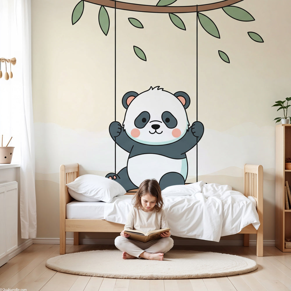 Cute panda swing mural wallpaper creating cozy baby nursery atmosphere by Kids-Mundo