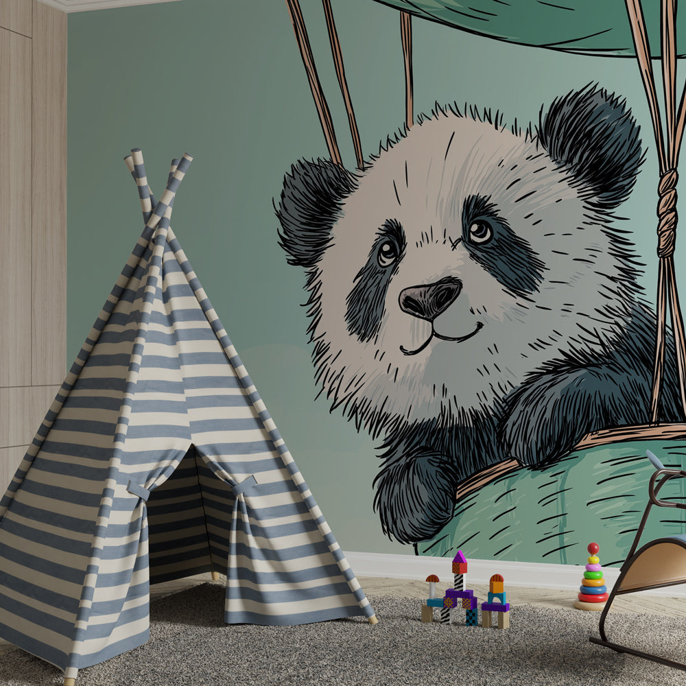 Gentle panda adventure mural wallpaper with soft blue tones for baby room by Kids-Mundo