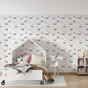Dreamy panda wallpaper with celestial motifs for baby room by Kids-Mundo