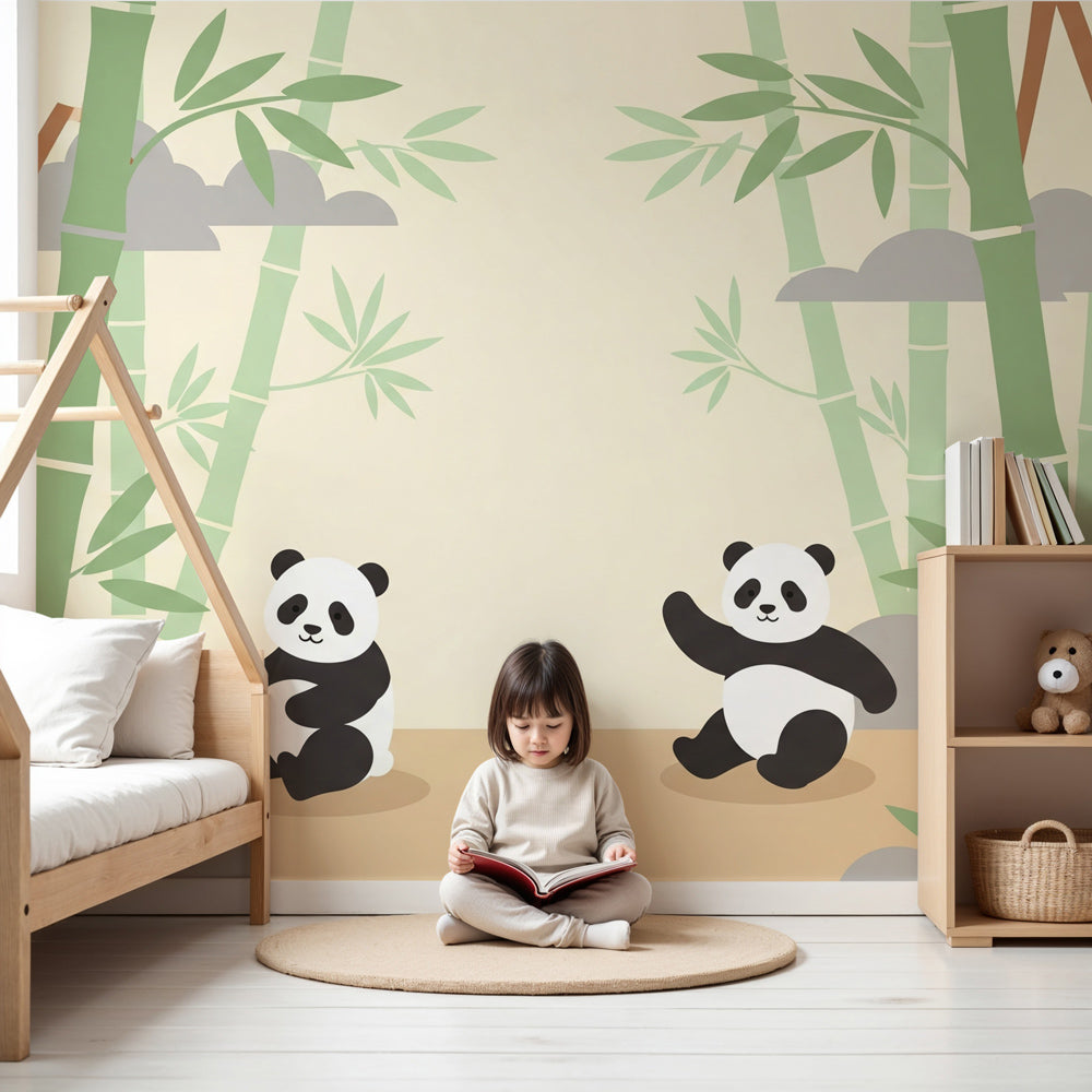 Panda bamboo forest mural wallpaper in peaceful nursery setting by Kids-Mundo