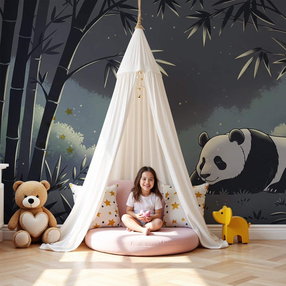 Peaceful panda bamboo forest mural wallpaper in modern nursery setting by Kids-Mundo