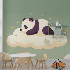 Sleeping panda wallpaper creating calming atmosphere in children's bedroom with soft lighting