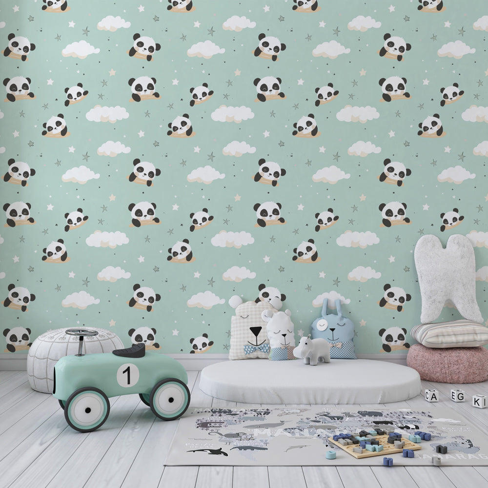 Cute panda cloud wallpaper transforming children's bedroom into peaceful sanctuary