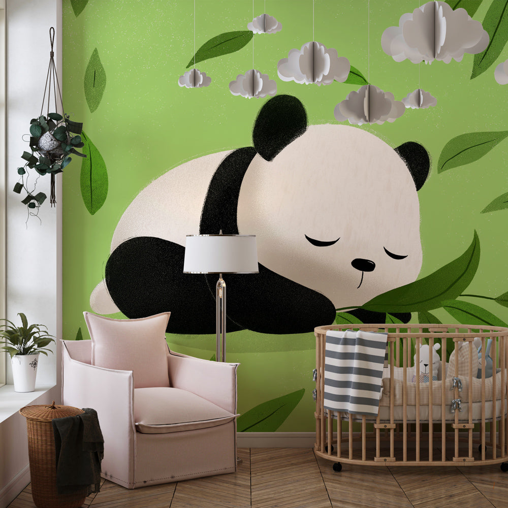 Panda children's mural wallpaper in modern kids bedroom with natural wood furniture