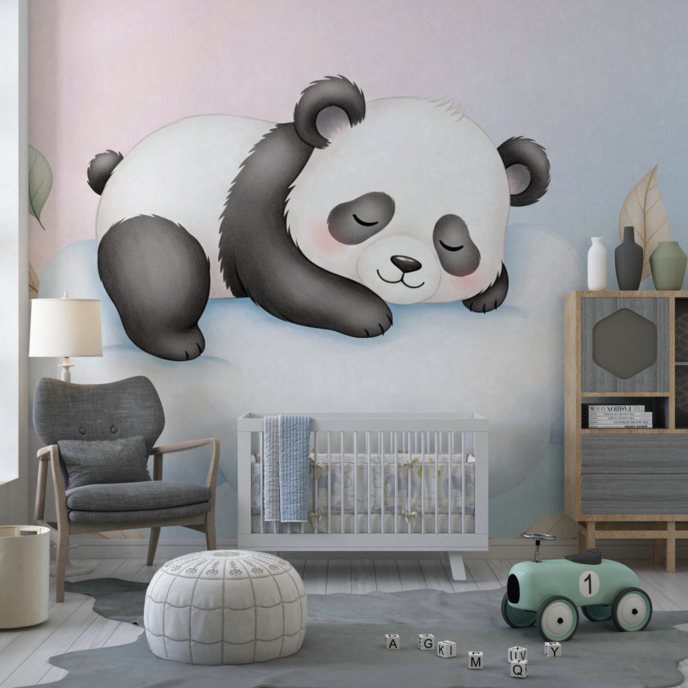 Panda cloud wallpaper in modern children's bedroom with natural wood furniture and cozy atmosphere