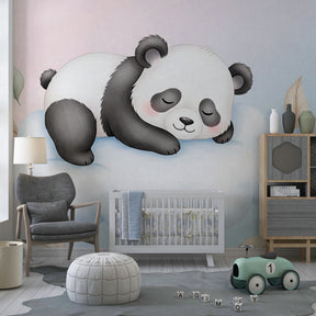 Panda cloud wallpaper in modern children's bedroom with natural wood furniture and cozy atmosphere
