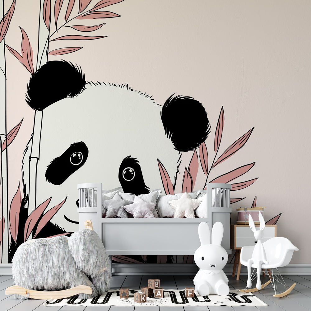 Panda animal wallpaper creating calming atmosphere in children's bedroom with wooden furniture