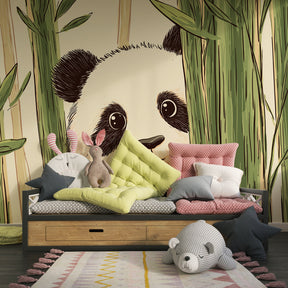 Cute panda wallpaper with bamboo forest design in modern kids bedroom setting