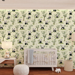Charming panda wallpaper transforming children's bedroom with gentle wildlife and foliage design