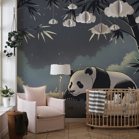 Serene panda wallpaper creating calming children's bedroom with bamboo forest theme