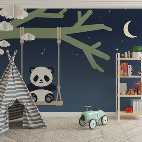 Starry night panda wallpaper transforming toddler bedroom with peaceful blue and green tones