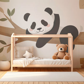 Panda branch wallpaper creating serene atmosphere in children's bedroom with soft lighting