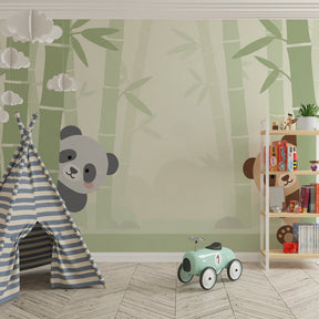 Bamboo panda wallpaper in modern children's bedroom with natural wood furniture by Kids-Mundo