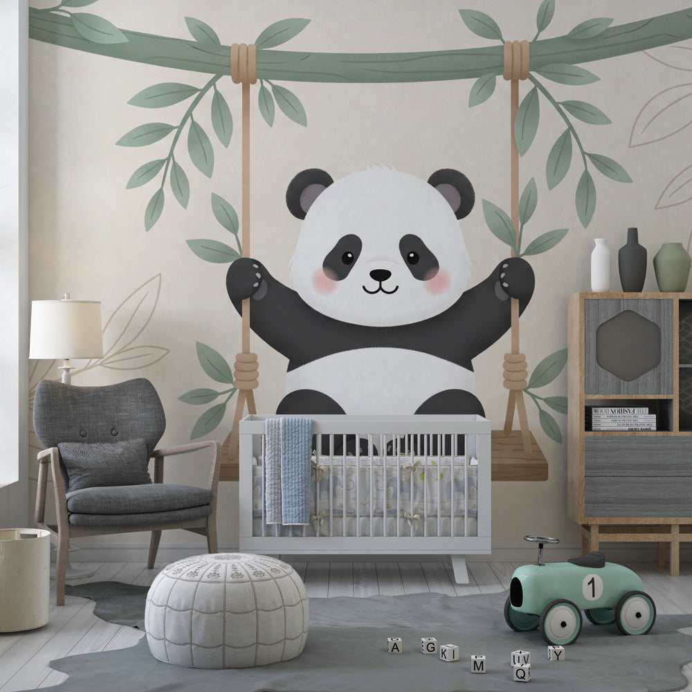 Sweet panda swing wallpaper in neutral beige baby room setting with wooden crib